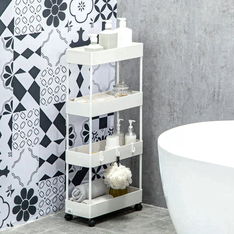 Rootz Kitchen Trolley - Serving Trolley - Kitchen Cart - With 4 Shelves - 3 Flexible Hooks - 4 Casters - White - 40cm x 19cm x 90cm