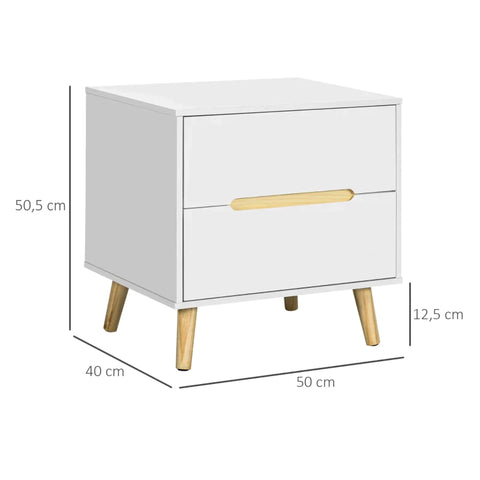 Rootz Bedside Table - Bedside Table - Side Table - Two Drawers - Timeless Design - Pine - White - 50 x 40 x 50.5 cm