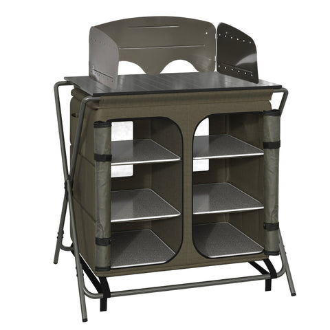 Rootz Camping Cupboard - Foldable Camping Kitchen Storage - Carrying Bag - 6 Shelves for BBQ Party - Steel - Oxford Fabric - Green - 57 x 94 x 109 cm