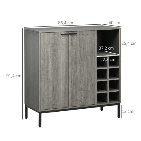 Rootz Sideboard With Bottle Rack - Including Glass Holder For 12 Glasses - Adjustable Shelves - Kitchen - Dining Room - Chipboard - Gray - 86.4L x 40W x 91.4H cm