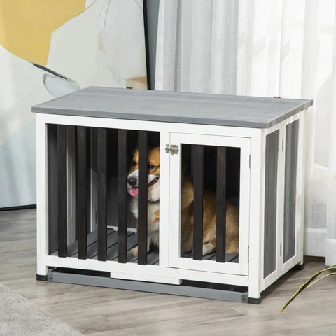 Rootz Hondenkennel - Houten Hondenhok - Hondenhok - Hondenkooi - Knaagdierhuis - Transportbox - Transportkooi - Met Venster - Grijs - 84,5 x 51,4 x 61 cm