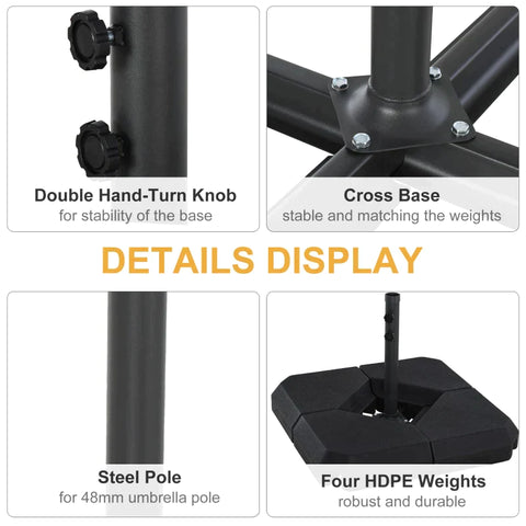 Rootz Parasol Stand - Umbrella Stands - Cross Base - Can Be Filled With Water Or Sand - 4-piece Parasol Stand - Steel - HDPE Plastic - Black - 80 x 80 x 56 cm