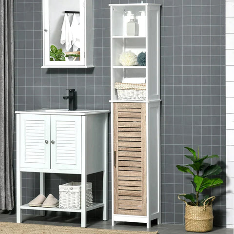 Rootz Bathroom Cabinet - Bathroom Tall Cabinet - Free Standing Bathroom Cabinet - Storage Cabinet - With 3 Open Shelves - Adjustable Shelf - White - 34 x 26 x 172 cm