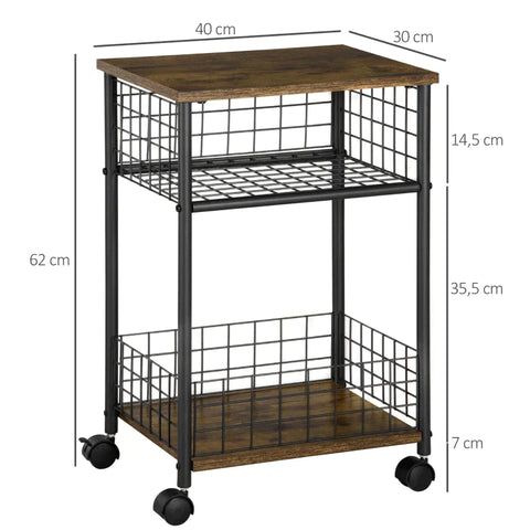 Rootz Kitchen Trolley - Serving Trolley - Industrial Design - 1 Shelf 1 Storage Basket 4 Wheels - Chipboard/Steel - Black/Brown - 40 cm x 30 cm x 62 cm