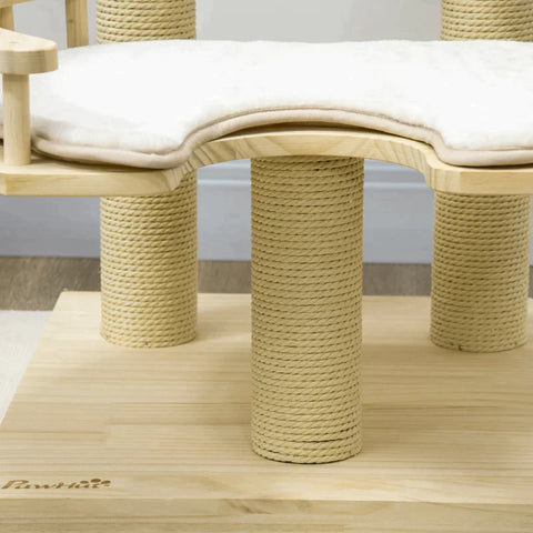 Rootz Scratching Post - Cat House - Three Scratching Posts - Cat Tree - With Lounger - Washable Lounger Cushions - Pine Wood - Natural Wood - 59.5 x 59.5 x 92cm