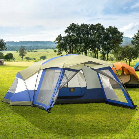 Rootz Camping Tent - 6-8 Persoons Tent - Familietent - Koepeltent - Met Voorkamer - 2 Ramen - Polyester/Glasvezel/Staal - Blauw/Groen/Grijs - 518 x 487 x 237 cm
