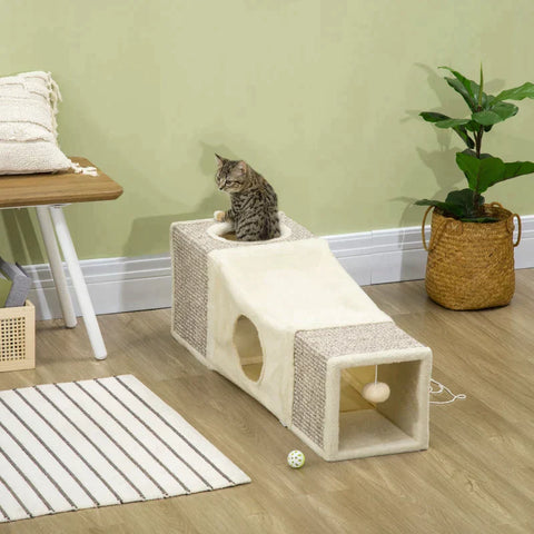 Rootz Cat Tunnel - 2 Cat Caves - Cat Bed - Scratch Pads And Ball Toy - Chipboard/Fluff/Sisal - Brown/Beige - 98cm x 30cm x 30cm