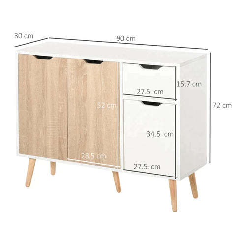 Rootz Sideboard - Sideboard With Cabinet And Drawers - Chest Of Drawers - Bedside Table - Side Cabinet In Scandinavian Design - Bedroom - Living Room - Home - Office - White And Natural - 90 x 30 x 72 cm