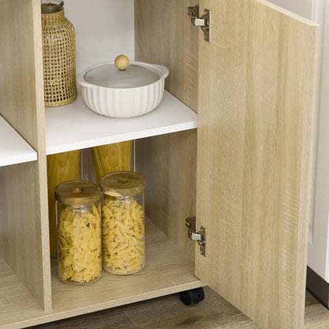 Rootz Rolling Cabinet - Drawer - Storage Compartment With Door - Open Shelf - White + Wood - 81 x 39.6 x 90.3 cm