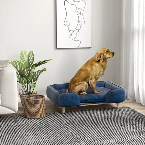 Rootz Dog Sofa - Anti-slip Pads - Pet Sofa - Easy Cleaning - Pet Bed - Removable - Washable Cushion - Polyester - Natural + Dark Blue - 96L x 66W x 24H cm