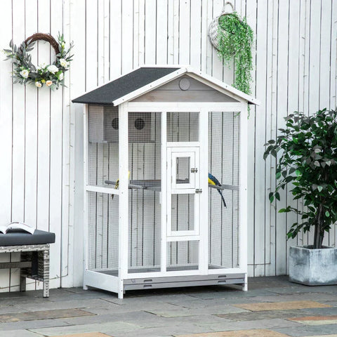 Rootz Bird Aviary - Wooden Aviary Bird Cage - Perch Asphalt Roof - Waterproof - Fir Wood - White + Grey + Black - 112 x 68 x 154 cm