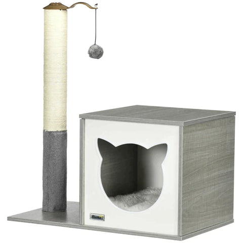 Rootz Scratching Post - Cat House - Cat Cave - With Toy Ball - Washable Cushion - Grey - 59 x 34 x 65cm