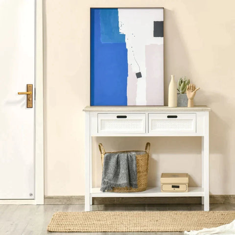 Rootz Console Table - Console Table With 2 Drawers - Retro Design Entrance Hall - Living Room - Bedroom - White + Natural - 100 cm x 40 cm x 80 cm