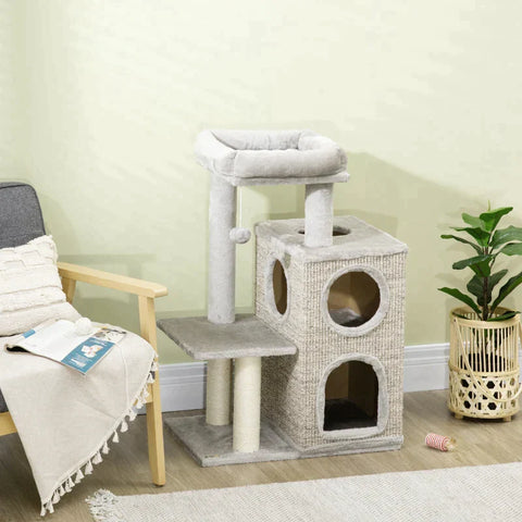 Rootz Scratching Post - Cat Tree - Cat Cave - Cat Bed - With Ball Toy - Light Gray/Natural - 60cm x 40cm x 91cm