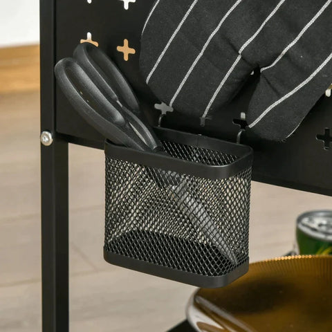 Rootz Kitchen Trolley - Trolley - Outdoor Serving Trolley - Serving Trolley - 3 Shelves Trolley - Steel - Black - 70 x 33.4 x 80.5 cm