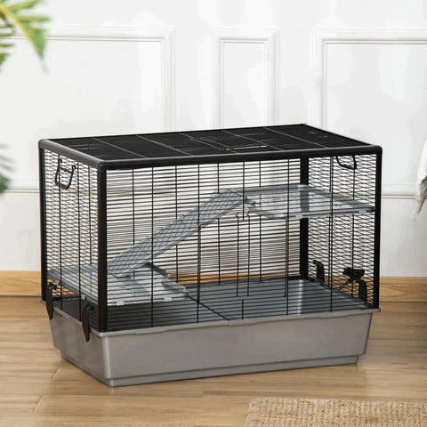 Rootz Small Animal Cage - Small Animal Hutch - Pets Cage - Small Animal Enclosure Rodent Cage - With Ramp - Steel/Aluminum - Plastic Black/Grey - 80 x 48 x 58 cm