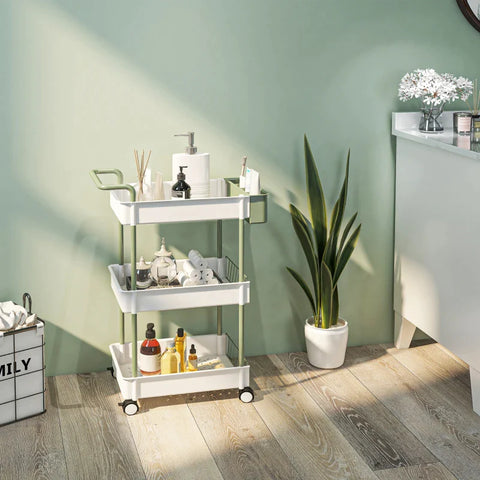 Rootz Trolley - 3 Levels - Hanging Basket - Push Handle - 4 Wheels - Metal Frame - Plastic+steel - White+green - 50 x 29.4 x 77cm