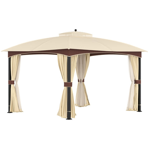 Rootz Gazebo - Garden Pavilion - Garden Tent - Marquee Party Tent With 4 X Side Walls Mosquito Net - Breathable - Double Roof - Metal - Polyester - Khaki + Brown - 3.95L x 3.28W x 3.33H w
