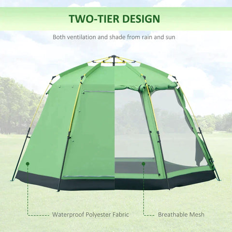 Rootz Tent - 6 Person Tent - Pop Up Camping Tent - Camping Tent - 2-tier Design Backpacking Tent - With 4 Windows 2 Doors - Green - 320 x 320 x 180 cm