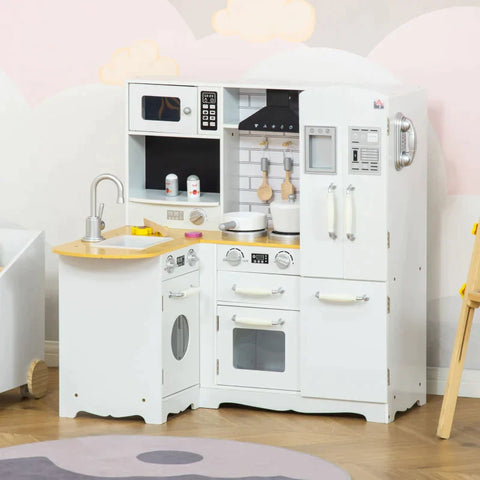 Rootz Children's Kitchen Playset - Children's Kitchen - Wooden Kitchen - Kitchen Toys - With Sink Pots Kitchen Gadgets - Wood/White - 82 x 65 x 87 cm