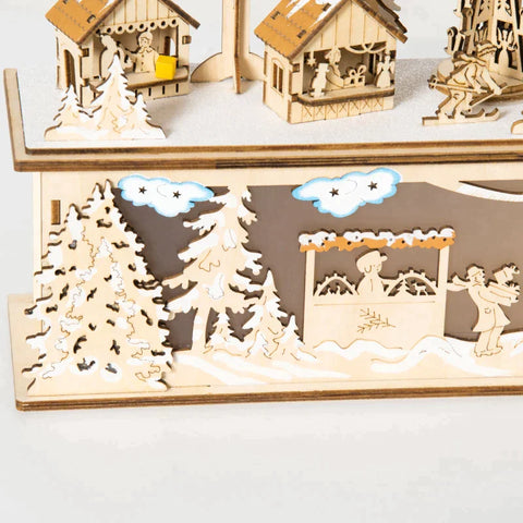 Rootz Christmas Village - Christmas Decoration - Snowy Christmas Village - 10 Leds - Warm White Light - Wood - Natural - 45 x 10 x 25cm