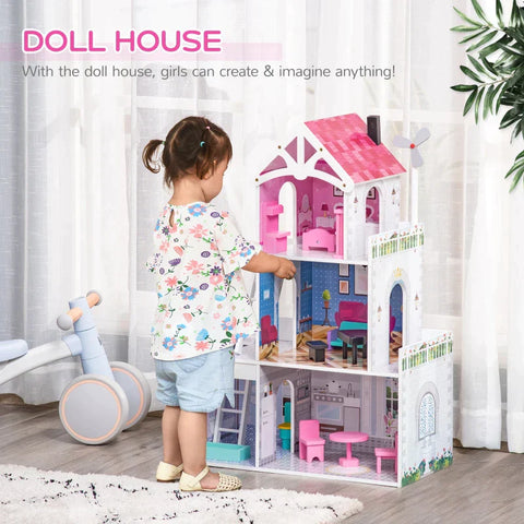 Rootz Wooden Dollhouse - Kids Dollhouse - Dreamhouse Villa - With Furniture Accessories - Pink - 60 x 29 x 85 cm