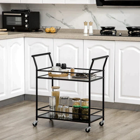 Rootz Kitchen Trolley - Serving Trolley - With 4 Wheels - 2 Shelves And Handles - Black - 75 cm x 40 cm x 80 cm
