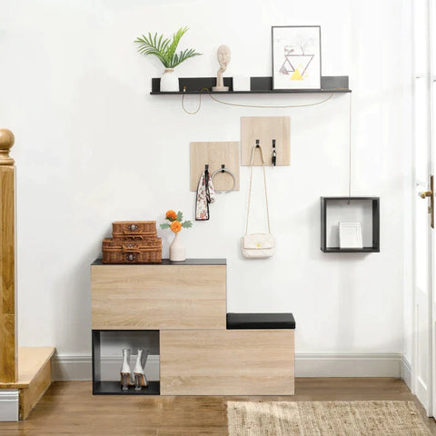 Rootz 4-in-1-Kleiderschrank – Schuhbank und Wandregal – Aufbewahrungsset für den Eingangsbereich – Schwarz + Natur – 120 cm x 32 cm x 78 cm