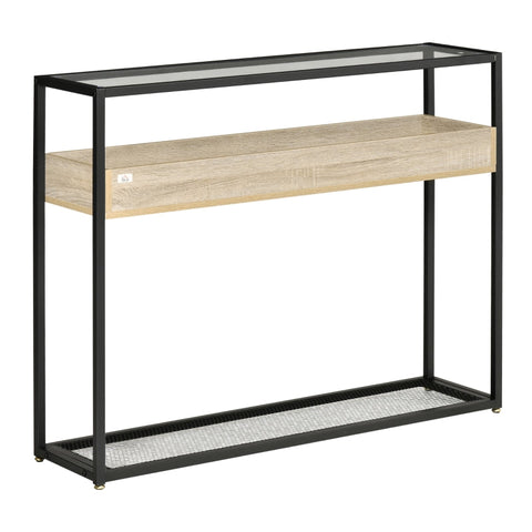 Rootz Console Table - Free-standing Shelve - Industrial Design With Glass Surface - 2 Shelves - Steel - Glass - Black - 108 cm x 28 cm x 85 cm