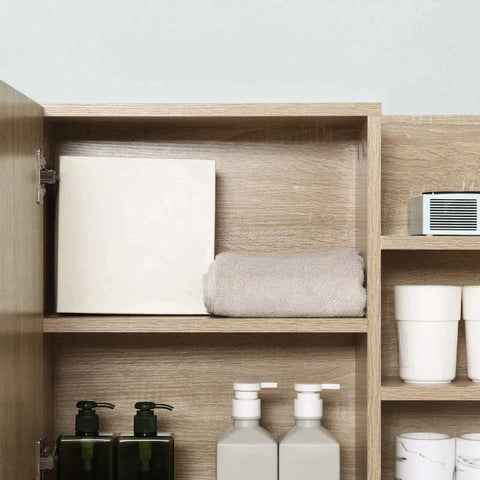 Rootz Mirror Cabinet - Mirror Door Cabinet With 5 Shelves - Chipboard - Glass - Natural - 60cm x 18cm x 50cm