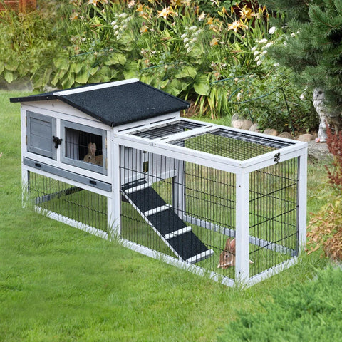 Rootz Small Animal Hutch - Rabbit Hutch - Guinea Pig Hutch - Outdoor Enclosure Cage - Outdoor Animal Hutch - Fir Wood - Light Grey - 150 cm x 52.5 cm x 68 cm