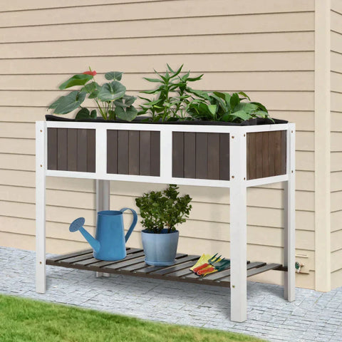 Rootz Raised Bed - Planting Table - Gardening Table - Wooden Garden Beds for Vegetables - Flowers Planters with Shelf - White/Grey - 119 x 57 x 89 cm
