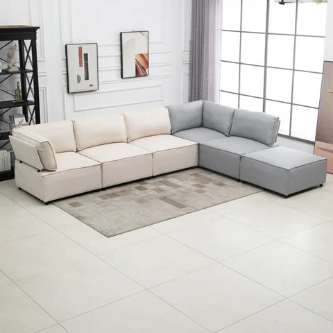 Rootz 6 Pcs. Sofa Set - Corner Bench - Corner Couch With Sleeping Function - Gray + Beige - 325cm x 83cm x 80cm