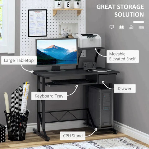 Rootz Computer Desk - Work Table With Shelves And Drawers - Office Table - Study Table - Sliding Keyboard Tray - Office - Home - Black - 90 x 50 x 95 cm