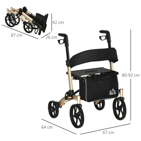 Rootz Rollator Met Stoel - Opvouwbare Walker - Loophulp Voor Senioren Met 4 Wielen - Opbergruimte - In Hoogte Verstelbare Rem - Lichtgewicht - Aluminium - Goud + Grijs - 67 x 64 x 80-92 cm