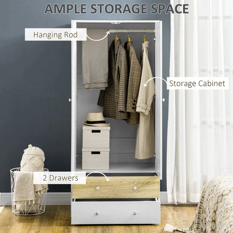 Rootz Wardrobe - Door Wardrobe - With Drawers And Hanging Rod - Particle Board - White/Oak - 80cm x 50cm x 180cm