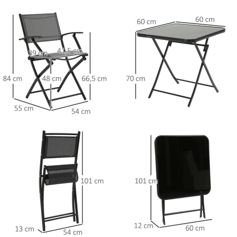 Rootz Foldable 3-piece Seating Group - Garden Table Set - Balcony Set - Balcony Furniture - 1 Table + 2 Chairs - Garden Furniture Set - Seating Set - Metal - Mesh Black + Grey - 60L x 60W x 70H cm