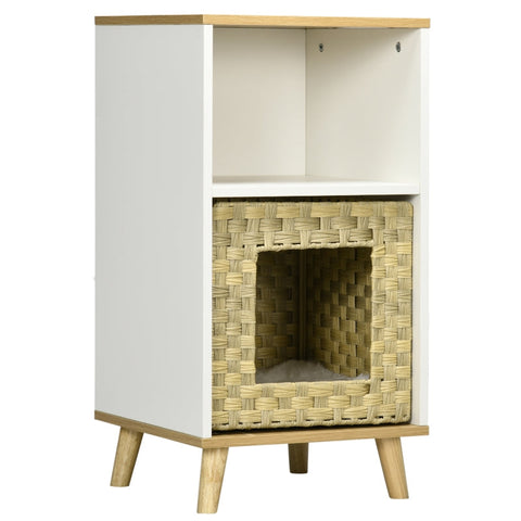 Rootz Cat House - Rattan Cat Cave with Storage - Washable Cushions - Oak + White + Beige - 40cm x 40cm x 77cm