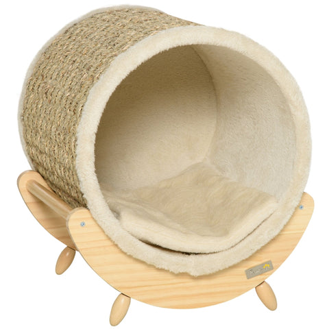 Rootz Cat Cave - Cat House - Cat Bed - With Scratcher - Includes Cushion - Pine Wood/Seaweed Rope/Flannel Polyester - Natural/Beige - 41cm x 38cm x 43cm