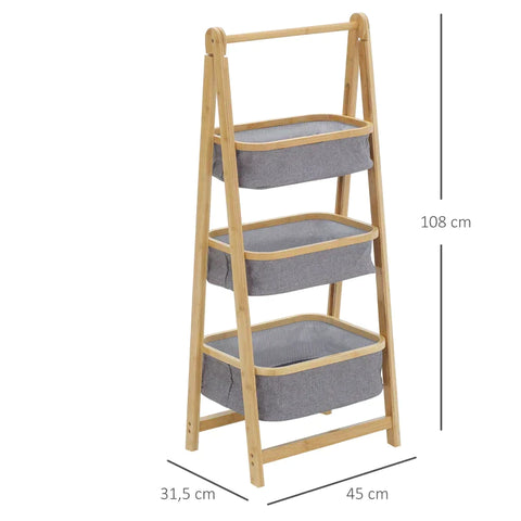 Rootz Standing Shelf - Bamboo Shelf - 3 Tier Shelf - Natural + Dark Grey - 45 cm x 31.5 cm x 108 cm