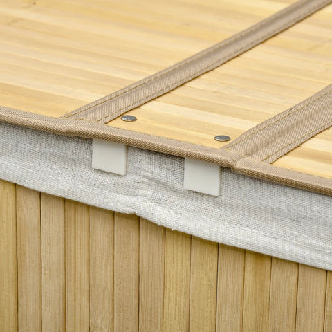 Rootz Wasmand - Bamboe Wasmand Met Deksel - Wasbank - Wasmand Met 2 Vakken - Uitneembare Wasbare Voering - Naturel + Wit - 62,5 cm x 37 cm x 60,5 cm