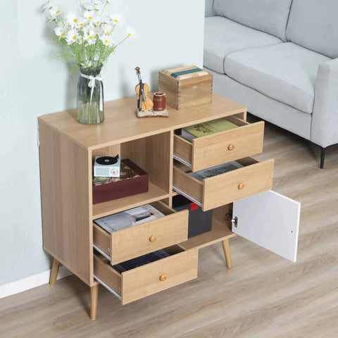 Rootz Sideboard - Free-standing Cabinet - Scandi Style Wardrobe - 4 Drawers And 2 Shelves - Kitchen - Bedroom - Living Room - Entryway - Natural + White - 80cm x 39cm x 80cm