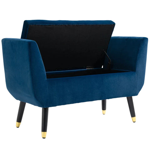 Rootz Luxury Bench - Upholstered Bench with Storage Space - Armrests - Chest Bench - Velvety - Polyester - Rubber Wood - Blue - 107 x 42 x 65 cm