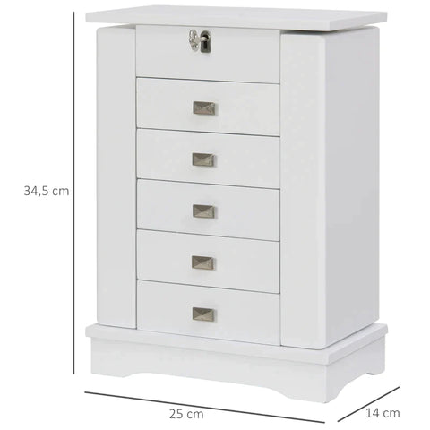 Rootz Jewelry Box - Jewelry Cabinet - Jewelry Chest Of Drawers With Mirror - Storage Cabinet With Drawers - Jewelry Box With Handle - White - 25x14x34.5cm