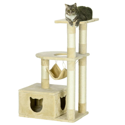 Rootz Scratching Post - Cat Cave - 3 Lying Surfaces - Multi-level Design - Cats Under 5kg - 1 Hammock - 3 Sisal Posts - Chipboard - Natural + Beige - 60W x 40D x 99Hcm