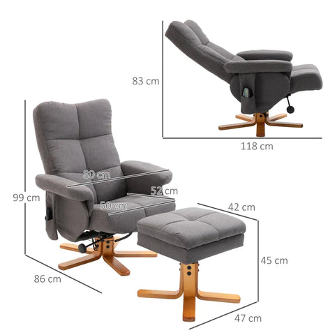 Rootz Relaxation Chair - Massage Chair With Footstool - TV Chair With Massage Function - Reclining Chair With Wooden Leg - Polyester - Dark Grey - 80 x 86 x 99 cm