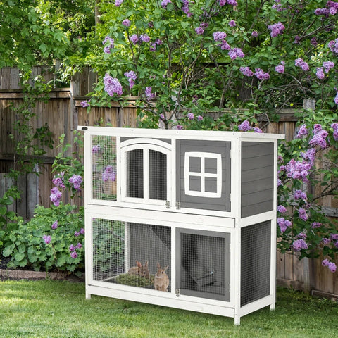 Rootz Small Animal Hutch - Small Animal Cage - Home For Small Animals - 2 Levels Including Floor Pan - Fir Wood - White/Gray - 117L x 49W x 108H cm