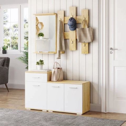 Rootz 3 Pcs. Wardrobe - With Mirror - 6 Double Hooks - Two Shoe Cabinets - Seat - Wood Look + White - 104 x 35 x 64 cm