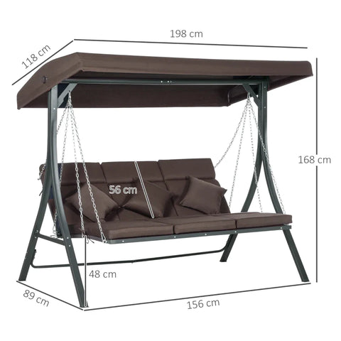 Rootz 3-person Porch Swing - Garden Swing - Adjustable Sun Canopy - Up To 270 Kg - Brown - 198 x 118 x 168 cm