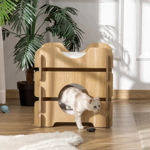 Rootz Cat Nest - 2 Tier Cat House - Cat Cave - Cat Bed Met 2 Zachte Kussens - 2 Floors Cat Shelter - Nature - 50 x 50 x 50 cm